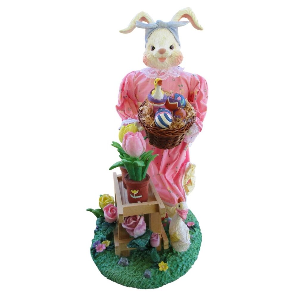 Fabric Mache Mrs. Easter Bunny Figurine With Tulips Eggs Duckling GUC